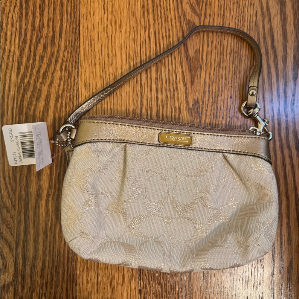 Coach Beige Signature Wristlet with Gold Trim
